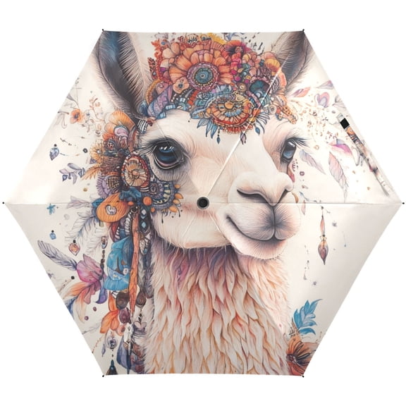 JSTEL Boho Llama Bohemian Alpaca Folding Umbrella for Rain Sun Travel Mini Lightweight Compact Umbrellas
