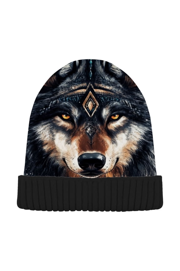 Boho Wolf Ethnic Beanie for Women Men Winter Hat Reversible Skull Knit Cap