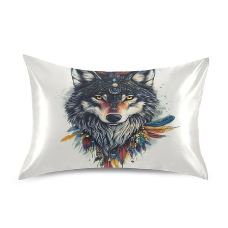 JSTEL Boho Wolf Potrait Satin Pillowcase Queen Size Pillow Cases Envelope Closure Bed Pillow Cover, 20 x 30 inch