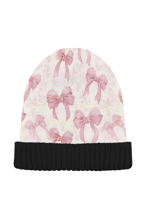 Bow Knot Pink Pattern Beanie for Women Men Winter Hat Reversible Skull Knit Cap