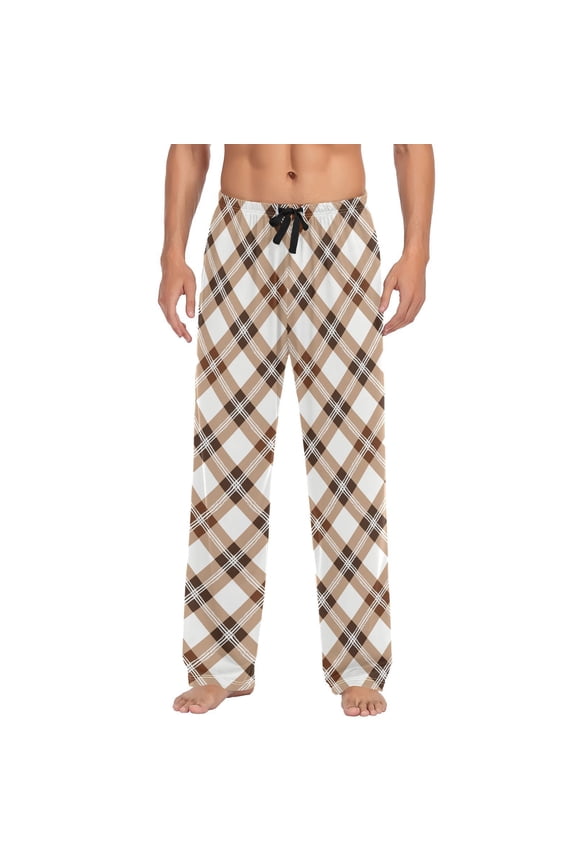 Brown Grid Checkered Men's Sleepwear Mens Pajama Pants Bottoms with Pockets, S