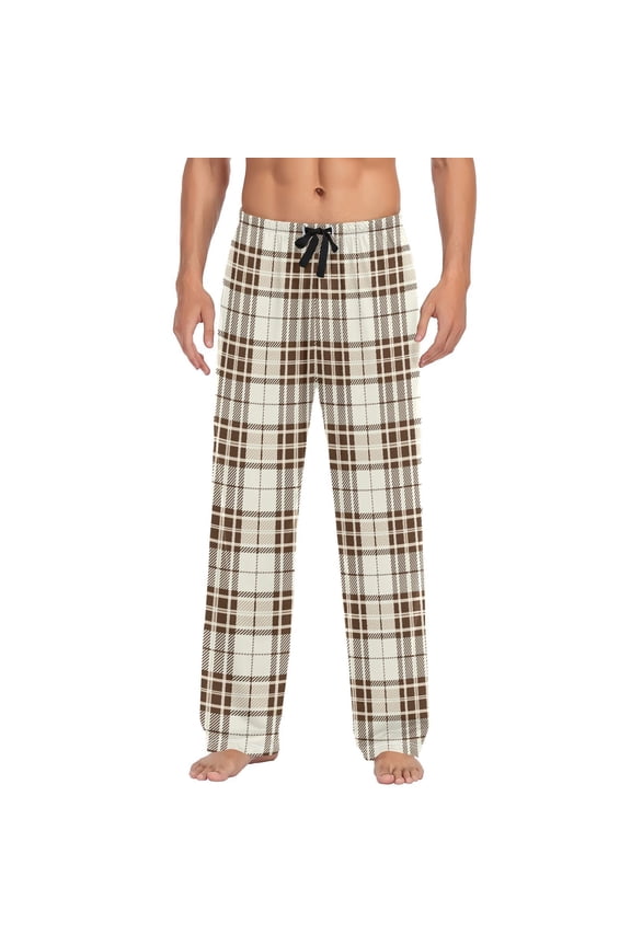 Brown Grid Tartan Checkered Men's Sleepwear Mens Pajama Pants Bottoms with Pockets, XL