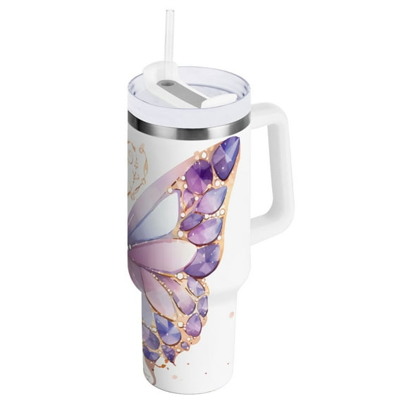 JSTEL Butterfly Diamond 40 oz Tumbler Stainless Steel Water Bottle Vacuum Insulated Cup with Straw Lid & Handle For Travel Car Cup Holder