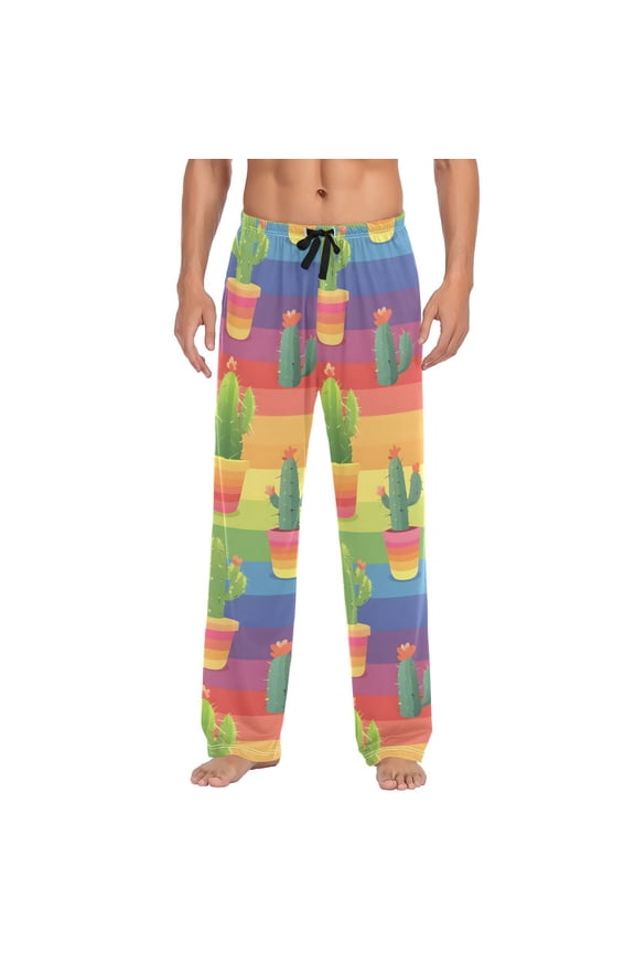 Cactus Cacti Rainbow Stripes Men's Sleepwear Mens Pajama Pants Bottoms with Pockets, M