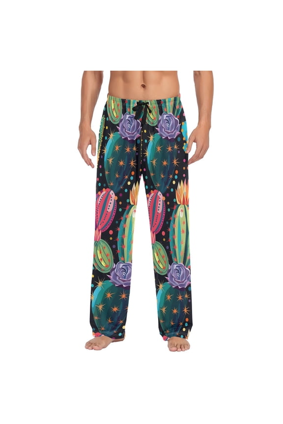 Cactus Polka Dots Rainbow Cacti Men's Sleepwear Mens Pajama Pants Bottoms with Pockets, L