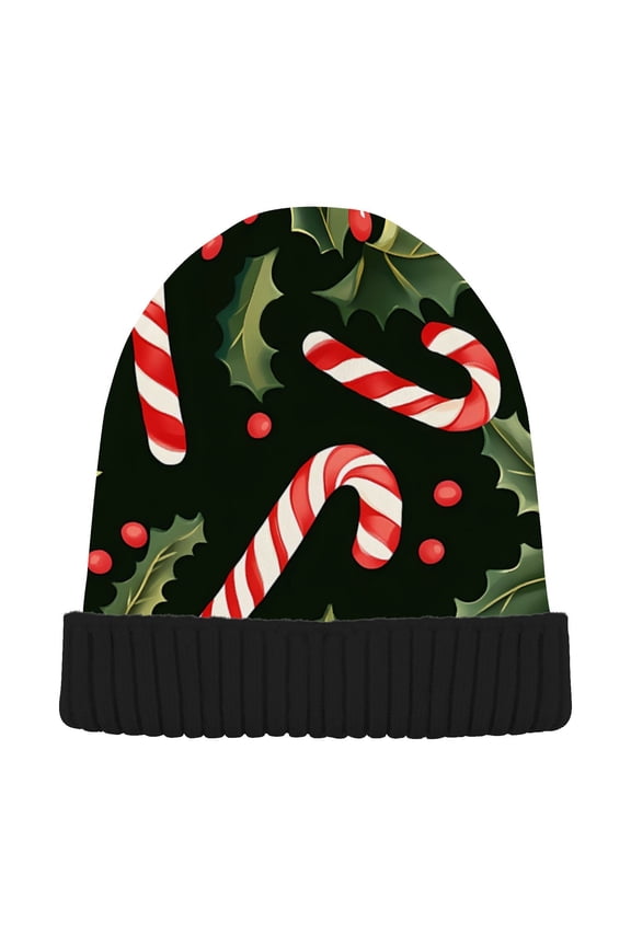Candy Cane Holly Leave Christmas Beanie for Women Men Winter Hat Reversible Skull Knit Cap