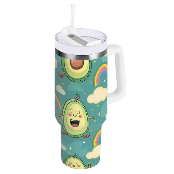 JSTEL Cartoon Avocado Rainbow 40 oz Tumbler Stainless Steel Water Bottle Vacuum Insulated Cup with Straw Lid & Handle For Travel Car Cup Holder