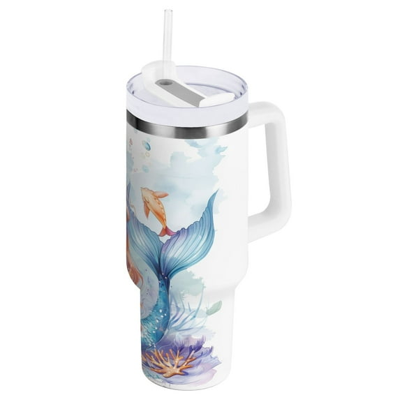 JSTEL Cartoon Mermaid Watercolor 40 oz Tumbler Stainless Steel Water Bottle Vacuum Insulated Cup with Straw Lid & Handle For Travel Car Cup Holder