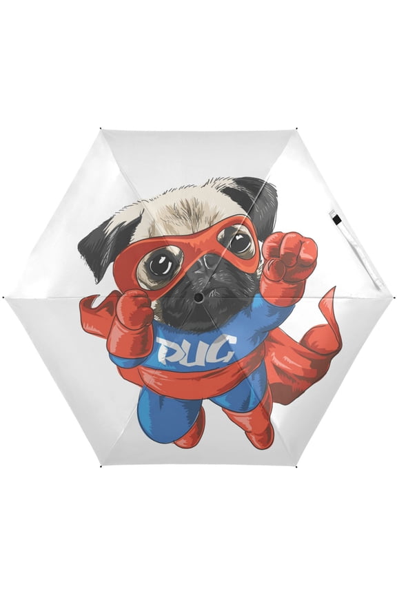 Cartoon Pug Dog Hero Puppy Folding Umbrella for Rain Sun Travel Mini Lightweight Compact Umbrellas