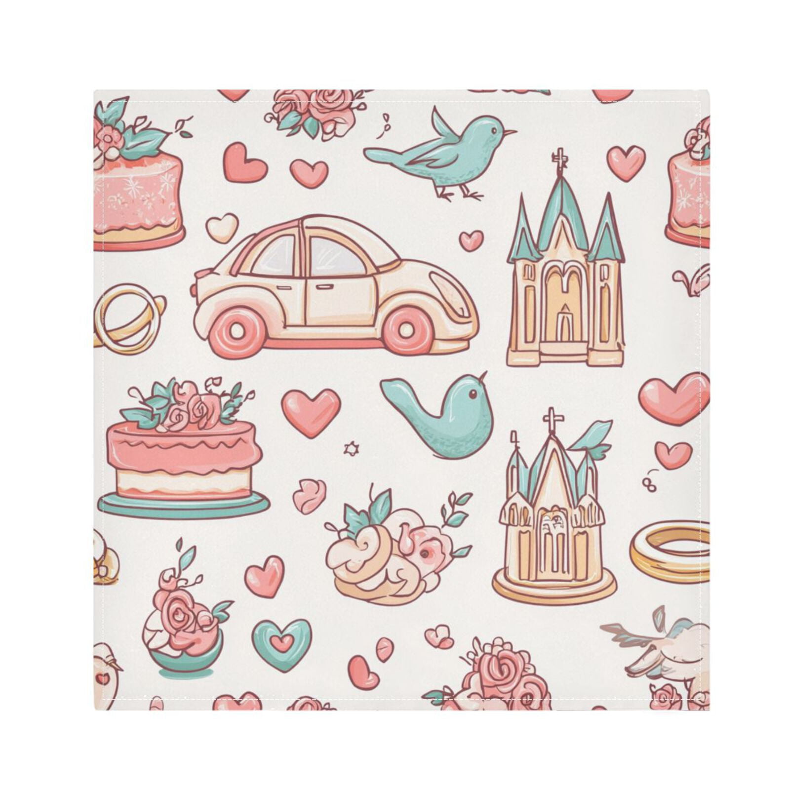 JSTEL Cartoon Wedding Heart Cloth Napkins Set of 6, 20x20 Inch Washable and Reusable Napkin for Decoupage Dinner Party Everyday Use