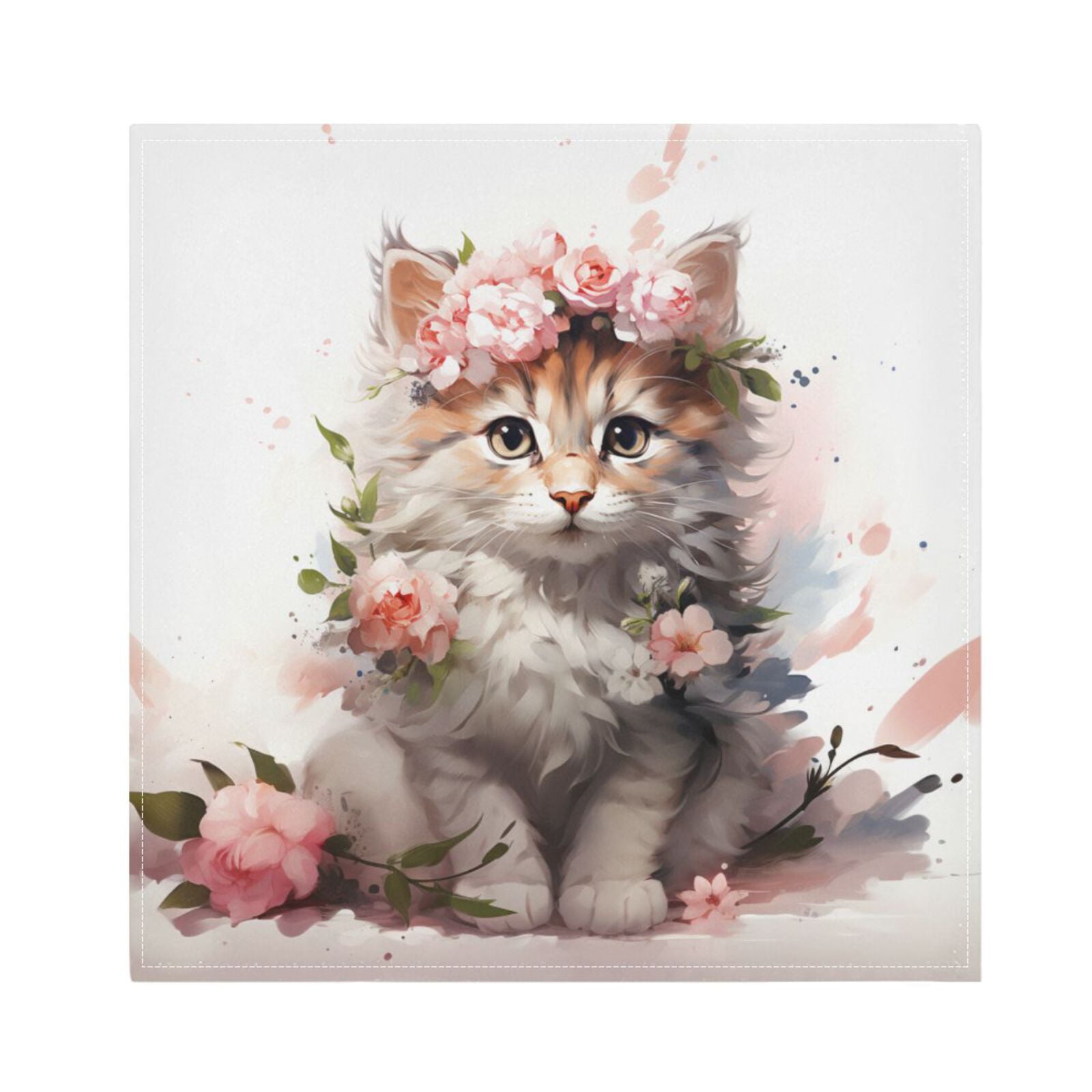JSTEL Cat Kitten Rose Flowers Cloth Napkins Set of 6, 20x20 Inch Washable and Reusable Napkin for Decoupage Dinner Party Everyday Use