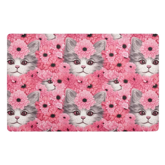 JSTEL Cat Pink Daisy Front Door Mat Outside Entrance 32x20 Inch Doormat for Outdoor Indoor Washable Non Slip Floor Mats
