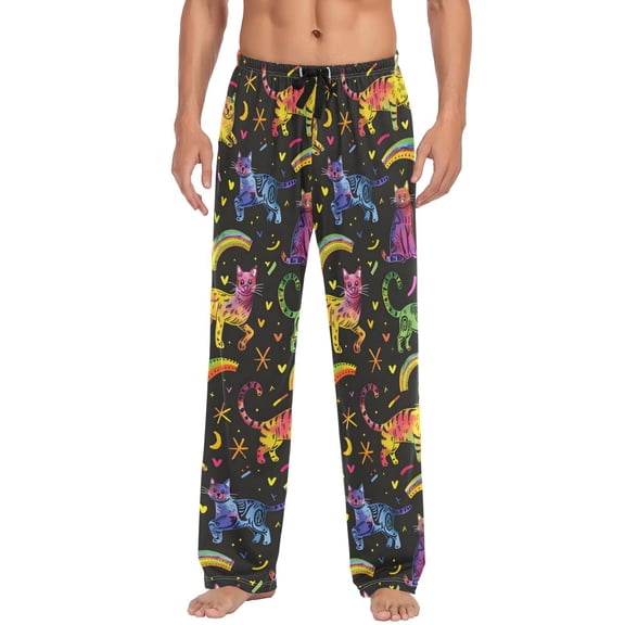 JSTEL Cat Rainbow Men's Sleepwear Mens Pajama Pants Bottoms with Pockets, L