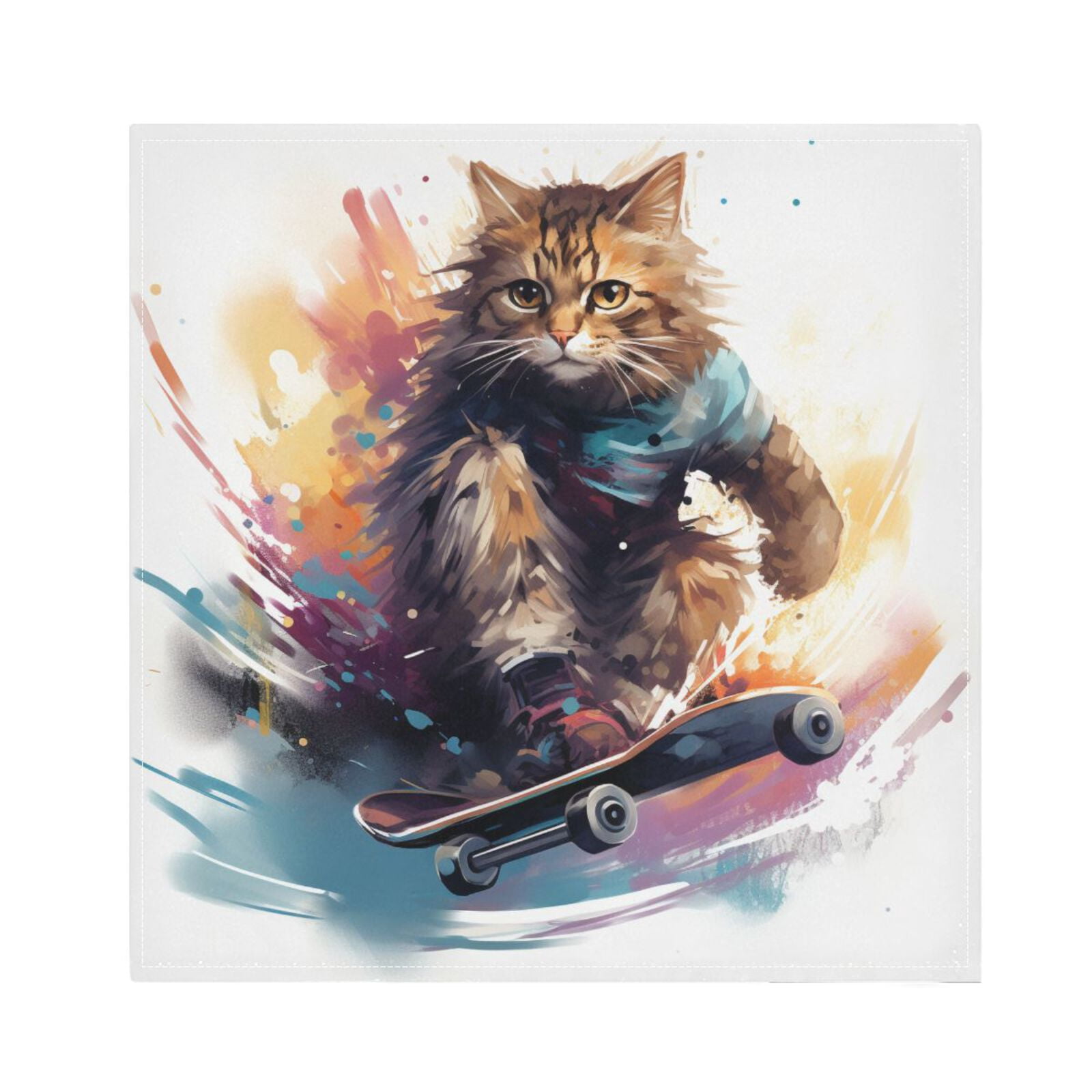 JSTEL Cat Skating Funny Cloth Napkins Set of 6, 20x20 Inch Washable and Reusable Napkin for Decoupage Dinner Party Everyday Use