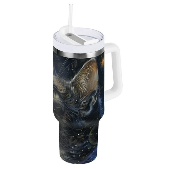 JSTEL Cat Starry Sky Galaxy 30 oz Tumbler Stainless Steel Water Bottle Vacuum Insulated Cup with Straw Lid & Handle For Travel Car Cup Holder