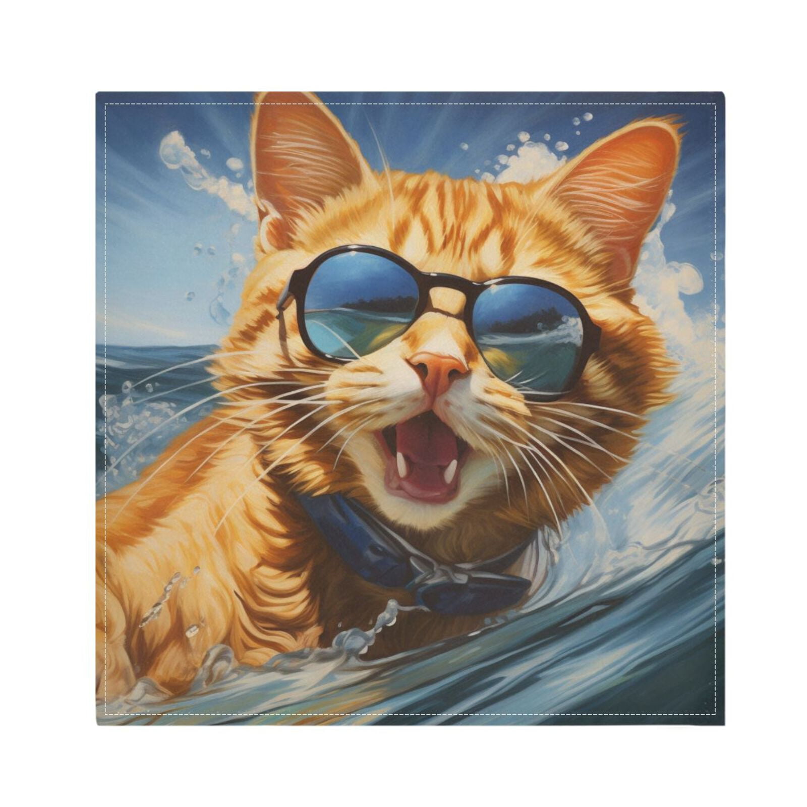 JSTEL Cat Surfing Funny Kitten Cloth Napkins Set of 6, 20x20 Inch Washable and Reusable Napkin for Decoupage Dinner Party Everyday Use