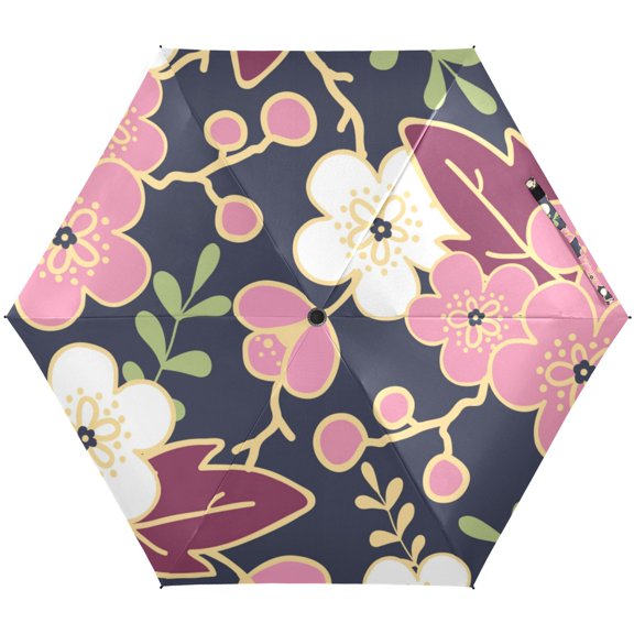 JSTEL Cherry Blossom Flowers Flroal Sakura Folding Umbrella for Rain Sun Travel Mini Lightweight Compact Umbrellas