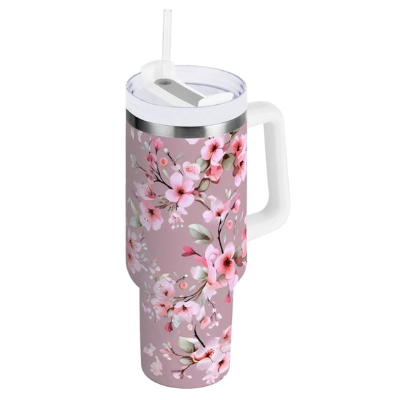 JSTEL Cherry Blossoms Pink Flowers 40 oz Tumbler Stainless Steel Water Bottle Vacuum Insulated Cup with Straw Lid & Handle For Travel Car Cup Holder