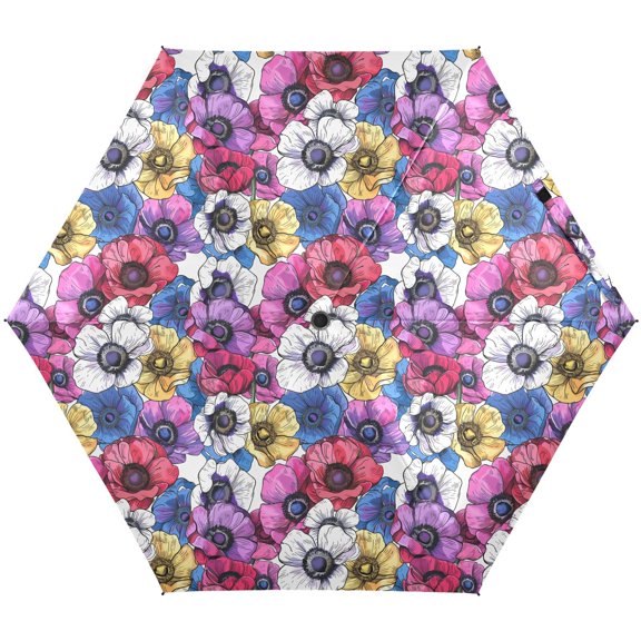 JSTEL Colorful Anemone Flower Floral Folding Umbrella for Rain Sun Travel Mini Lightweight Compact Umbrellas