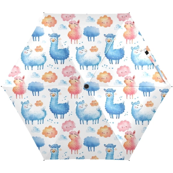 JSTEL Colorful Llamas Clouds Folding Umbrella for Rain Sun Travel Mini Lightweight Compact Umbrellas