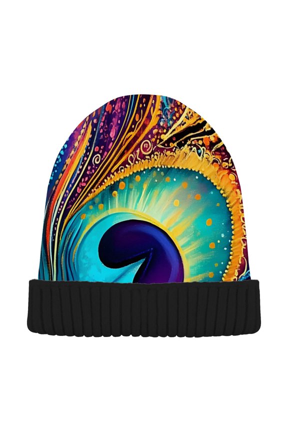 Colorful Peacock Feather Art Beanie for Women Men Winter Hat Reversible Skull Knit Cap