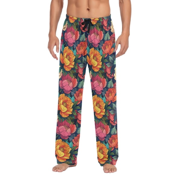 JSTEL Colorful Peony Floral Men's Sleepwear Mens Pajama Pants Bottoms with Pockets, S
