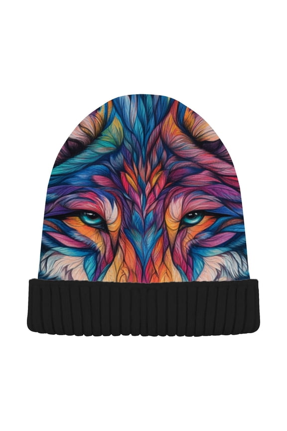 Colorful Wolf Face Beanie for Women Men Winter Hat Reversible Skull Knit Cap