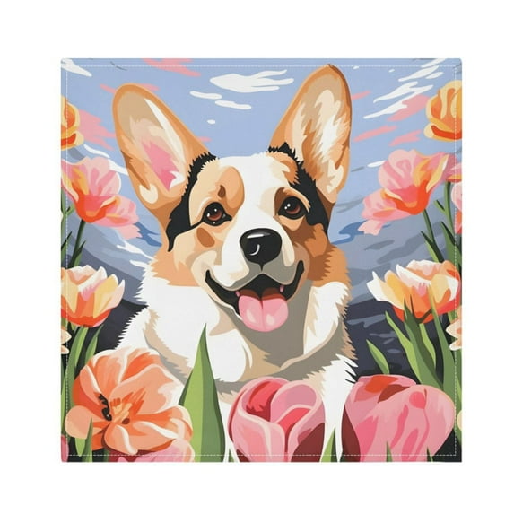 JSTEL Corgi Dod Flower Cloth Napkins Set of 4, 20x20 Inch Washable and Reusable Napkin for Decoupage Dinner Party Everyday Use