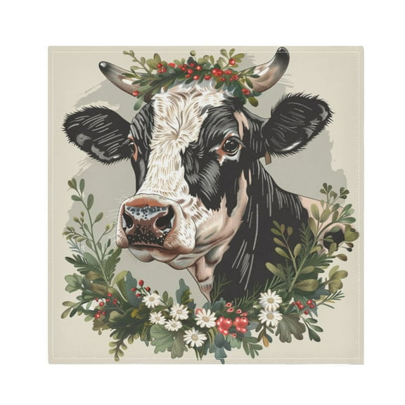 JSTEL Cow Portrait Wreath Cloth Napkins Set of 1, 20x20 Inch Washable and Reusable Napkin for Decoupage Dinner Party Everyday Use