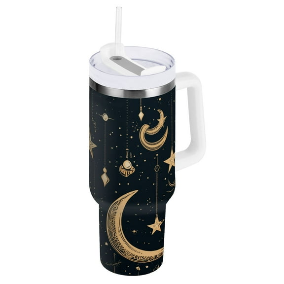 JSTEL Crescent Moons and Stars Boho 40 oz Tumbler Stainless Steel Water Bottle Vacuum Insulated Cup with Straw Lid & Handle For Travel Car Cup Holder