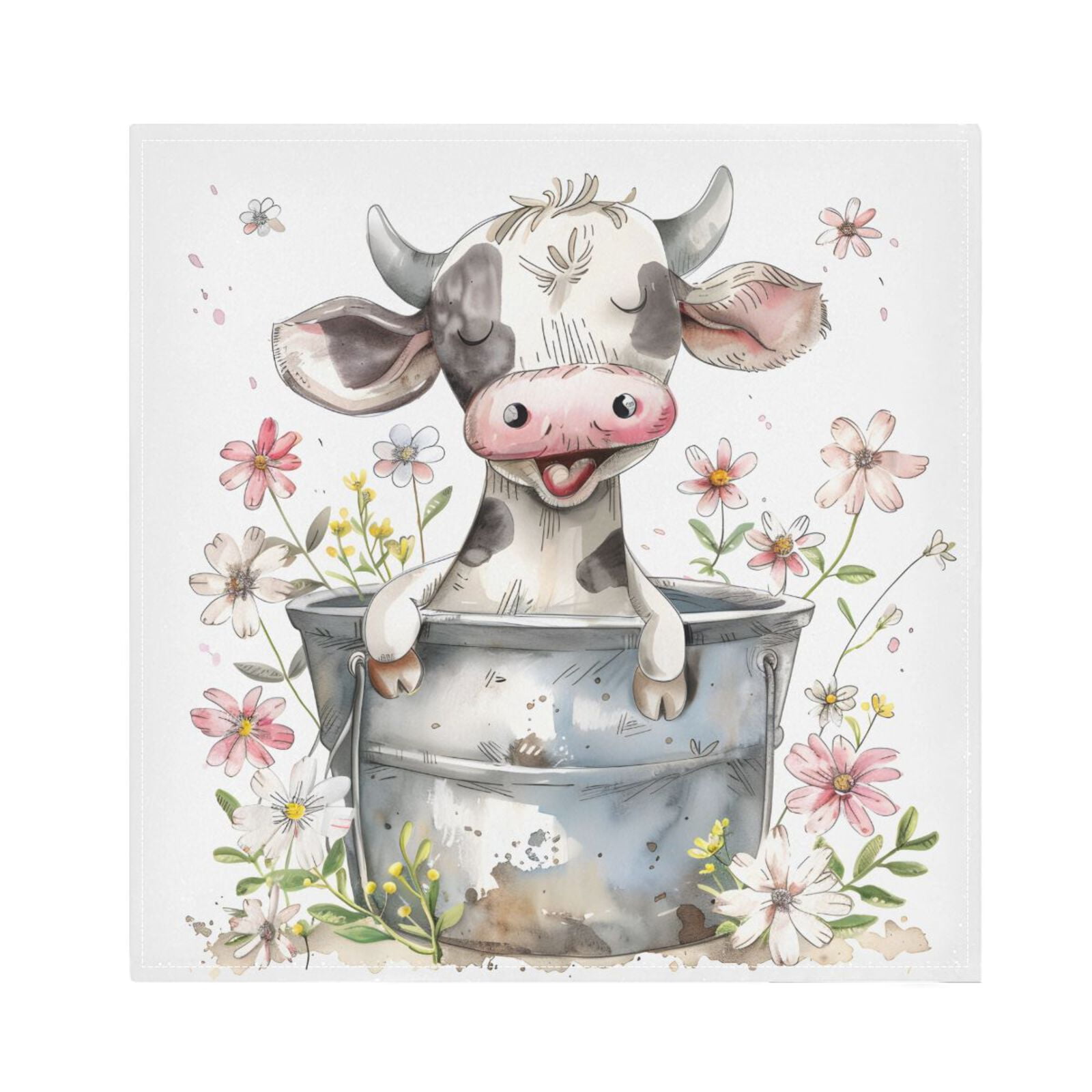 JSTEL Cute Baby Cow Daisy Cloth Napkins Set of 6, 20x20 Inch Washable and Reusable Napkin for Decoupage Dinner Party Everyday Use