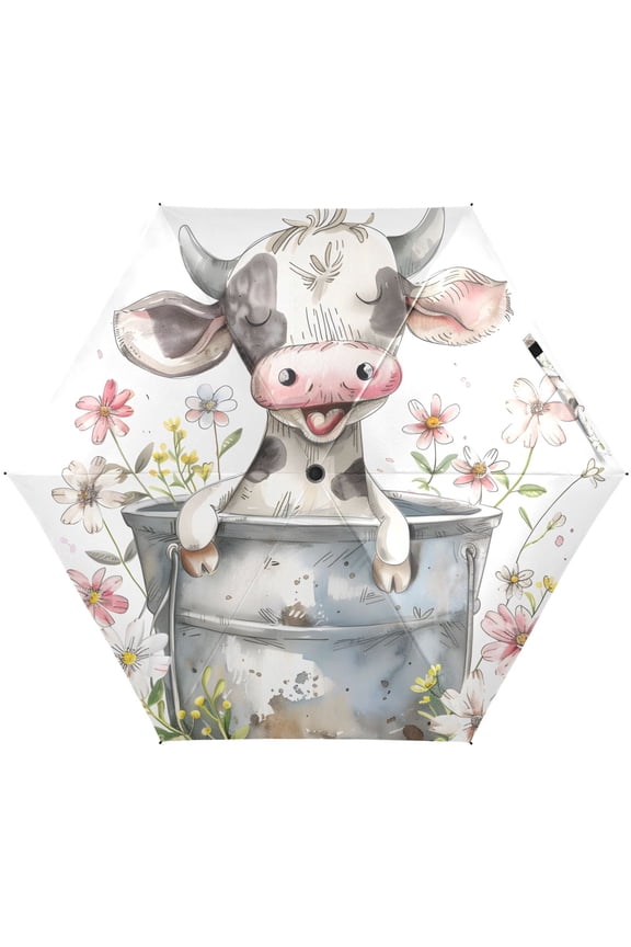 Cute Baby Cow Daisy Folding Umbrella for Rain Sun Travel Mini Lightweight Compact Umbrellas