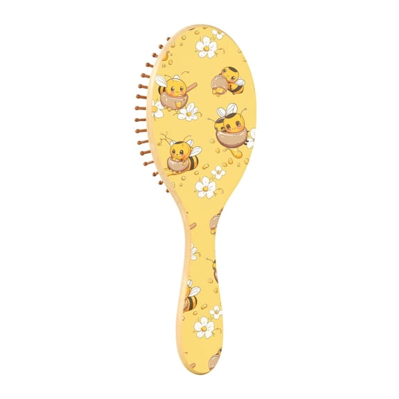 JSTEL Cute Bee Flower Hair Brush for Women Men Natural Wood Detangler Brushes for All Hair Types Hairbrush for Wet & Dry