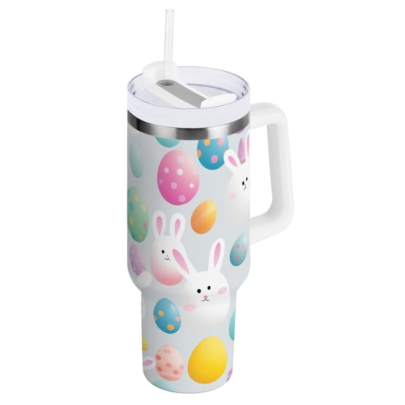 JSTEL Cute Bunny Easter Eggs 40 oz Tumbler Stainless Steel Water Bottle Vacuum Insulated Cup with Straw Lid & Handle For Travel Car Cup Holder