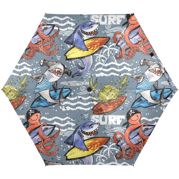 JSTEL Cute Cartoon Shark Octopus Crab Surfing Sea Wave Folding Umbrella for Rain Sun Travel Mini Lightweight Compact Umbrellas
