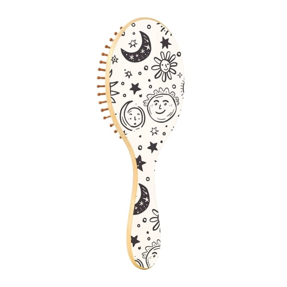 JSTEL Cute Cartoon Sun Moon Star Hair Brush for Women Men Natural Wood Detangler Brushes for All Hair Types Hairbrush for Wet & Dry