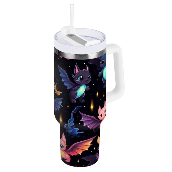 JSTEL Cute Cat Bat Halloween 30 oz Tumbler Stainless Steel Water Bottle Vacuum Insulated Cup with Straw Lid & Handle For Travel Car Cup Holder