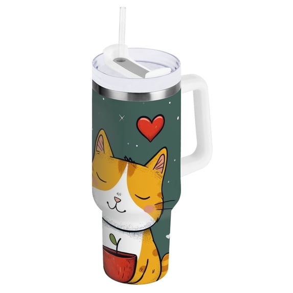 JSTEL Cute Cat Kitten Valentine 40 oz Tumbler Stainless Steel Water Bottle Vacuum Insulated Cup with Straw Lid & Handle For Travel Car Cup Holder