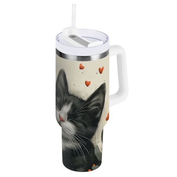 JSTEL Cute Cat Valentine 40 oz Tumbler Stainless Steel Water Bottle Vacuum Insulated Cup with Straw Lid & Handle For Travel Car Cup Holder