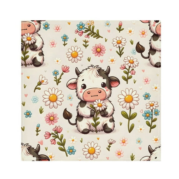 JSTEL Cute Cow Daisy Flower Cloth Napkins Set of 4, 20x20 Inch Washable and Reusable Napkin for Decoupage Dinner Party Everyday Use