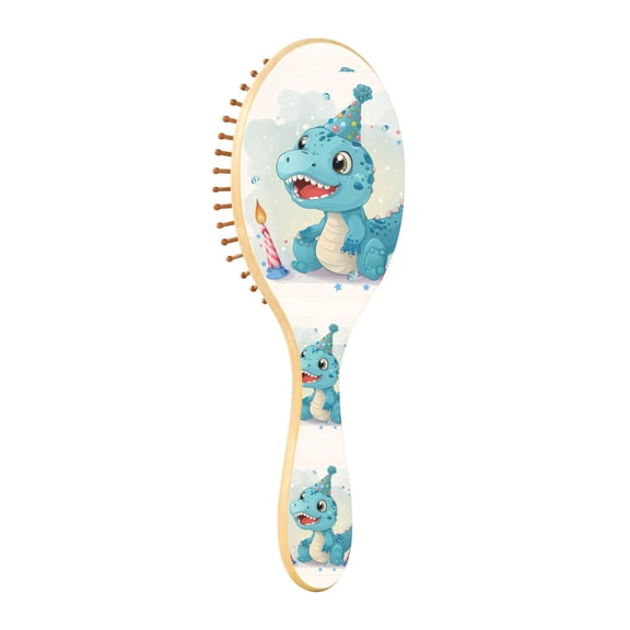 JSTEL Cute Dino Dinosaur Birthday Hair Brush for Women Men Natural Wood Detangler Brushes for All Hair Types Hairbrush for Wet & Dry