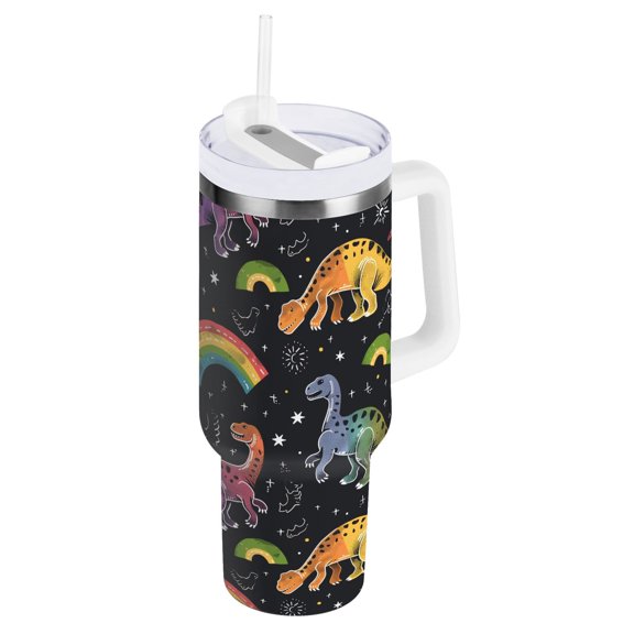 JSTEL Cute Dinosaur Dino Animal Rainbow 30 oz Tumbler Stainless Steel Water Bottle Vacuum Insulated Cup with Straw Lid & Handle For Travel Car Cup Holder