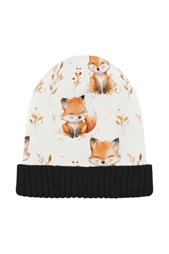 Cute Fox Watercolor Beanie for Women Men Winter Hat Reversible Skull Knit Cap
