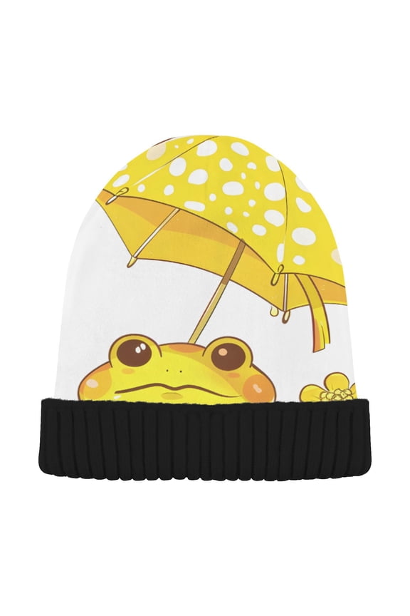 Cute Frog Umbrella Beanie for Women Men Winter Hat Reversible Skull Knit Cap
