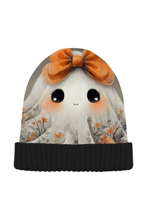 Cute Ghost Bow Halloween Beanie for Women Men Winter Hat Reversible Skull Knit Cap
