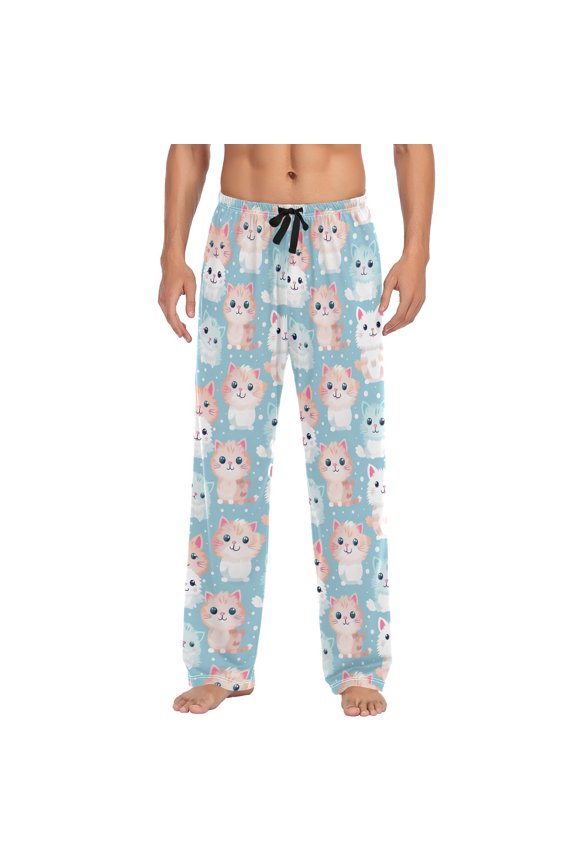 Cute Kitten Cartoon Cat Men's Sleepwear Mens Pajama Pants Bottoms with Pockets, L