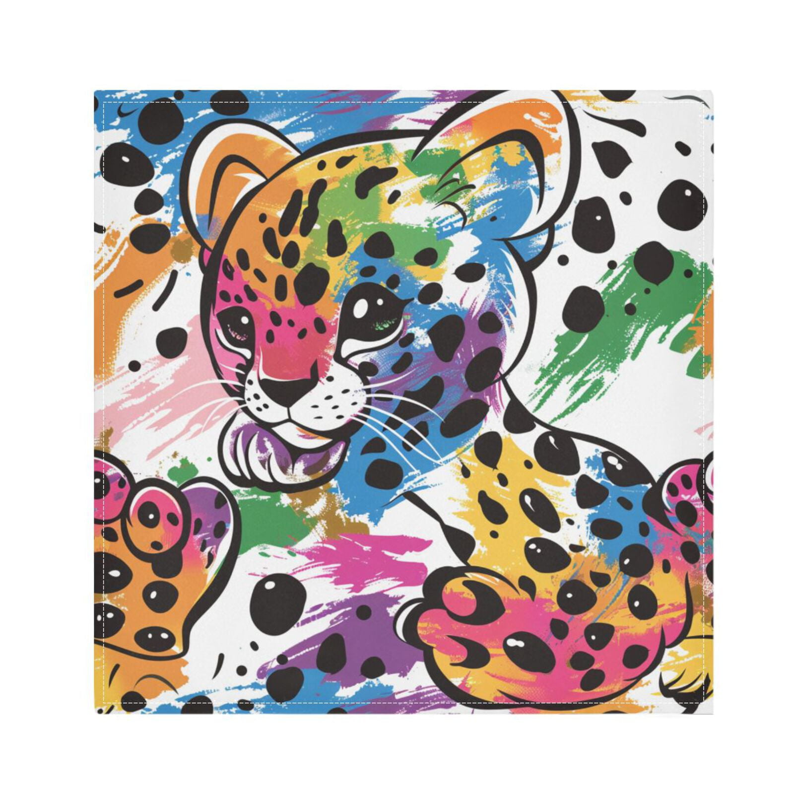 JSTEL Cute Leopard Cartoon Rainbow Cloth Napkins Set of 6, 20x20 Inch Washable and Reusable Napkin for Decoupage Dinner Party Everyday Use