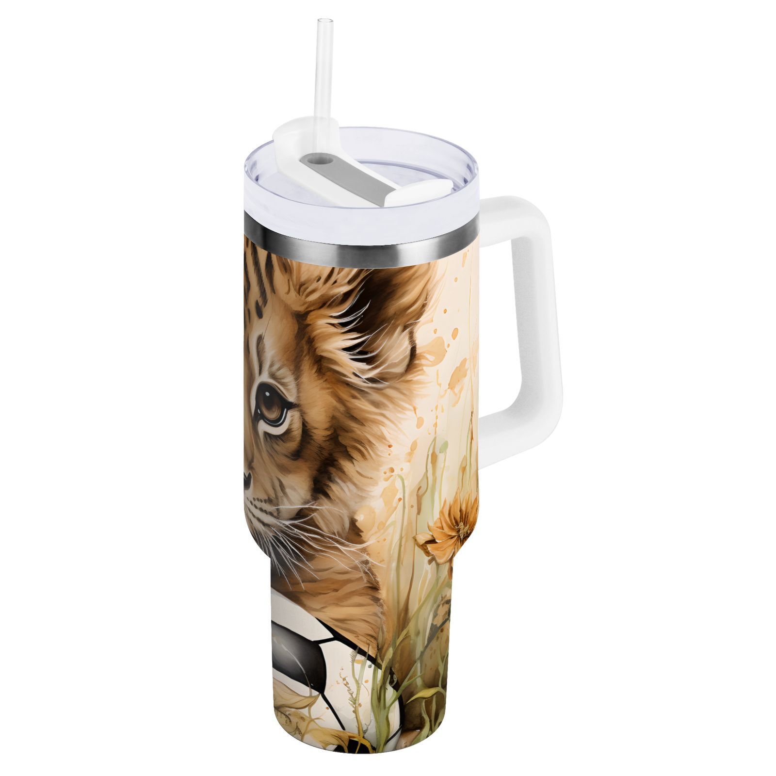 JSTEL Cute Lion Baby 30 oz Tumbler Stainless Steel Water Bottle Vacuum Insulated Cup with Straw Lid & Handle For Travel Car Cup Holder