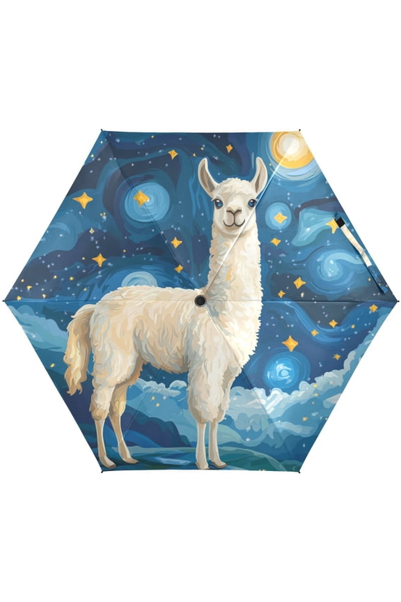 Cute Llama Starry Sky Folding Umbrella for Rain Sun Travel Mini Lightweight Compact Umbrellas