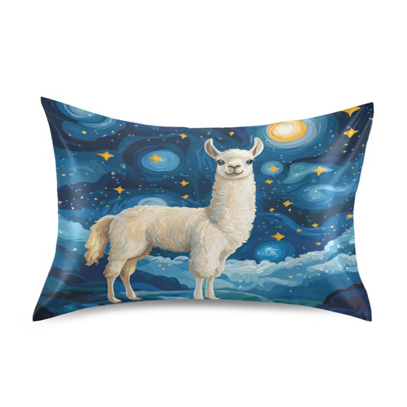 JSTEL Cute Llama Starry Sky Satin Pillowcase Queen Size Pillow Cases Envelope Closure Bed Pillow Cover, 20 x 30 inch